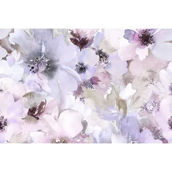 Saténová látka jako hedvábí se vzorem, květy lila AKVARELY