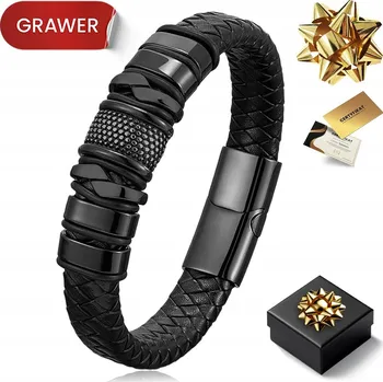 Náramek Pánský náramek kožený černý Olivier Sanders 20 cm titanový s gravírováním