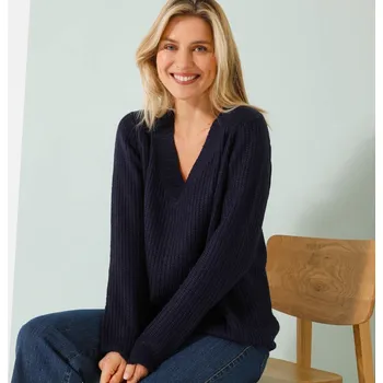 Dámský svetr Pulovr s výstřihem do V a hladkým vzorem nám.modrá 42/44