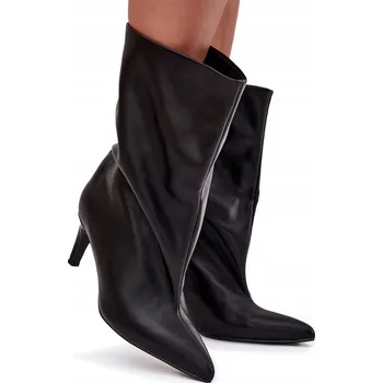 Dámská zimní obuv DÁMSKÉ KOTNÍKOVÉ BOTY Z EKOKŮŽE, JEHLOVÝ PODPATEK, ŠPIČATÁ ŠPIČKA, ČERNÉ, VELIKOST 36