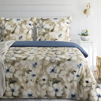 Povlečení Saténové povlečení 160x200 cm s květinovým motivem, béžové a tmavě modré