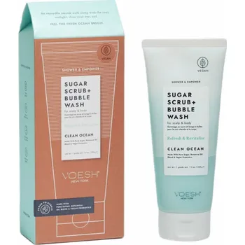 Masážní přístroj Clinique VOESH_Cukrový peeling + Bubble Wash peeling a pěna pro mytí pokožky hlavy a těla Clean Ocean 210g