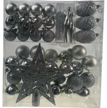 Vánoční dekorace SADA OZDOB NA VÁNOČNÍ STROMEK 48 ks VÁNOČNÍ BAŇKY, ŠPIČKA, STŘÍBRNÁ