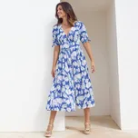 Dlouhé rozšířené šaty na knoflíky, kreponové s potiskem modrá 52