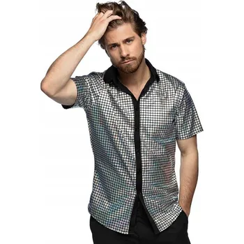 STŘÍBRNÁ DISCO KOŠILE S DIAMANTOVÝM VZOREM PÁNSKÁ M 80. a 90. LÉTA ASTER