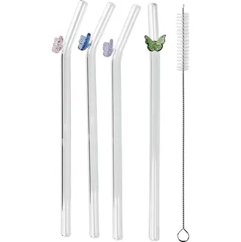 Butlers LONG DRINK Skleněná brčka s kartáčkem motýl set 5 ks