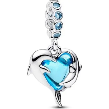 Přívěsek Visací přívěsek PANDORA Delfíni a srdce z modrého Murano skla 793924C01