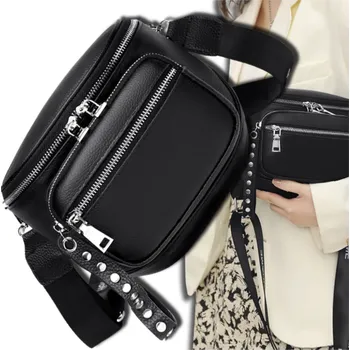 Kabelka Dámská kabelka s cvočky, černá, měkká ekologická umělá kůže, 22x17x9 cm