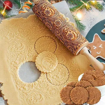 Váleček na těsto Váleček na těsto s vánočním 3D gravírovaným vzorem, dřevěný, 22 cm