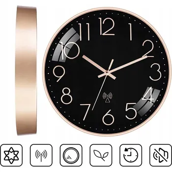 Hodiny ZEGAR ŚCIENNY AUTOMATYCZNY CZARNE ZŁOTO VELKÉ MODERNÍ TICHÉ HODINY ŘÍZENÉ RÁDIEM DCF