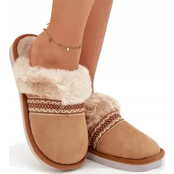 Dámské pantofle PANTOFLE S HUTERKOU A VÝŠIVKOU, TEPLÉ, POHODLNÉ, CAMEL 36/37