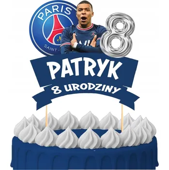 Obraz Ozdoba na dort ZÁPICH DO DORTU "Všechno nejlepší k narozeninám" Kylian Mbappé PSG - postavičky