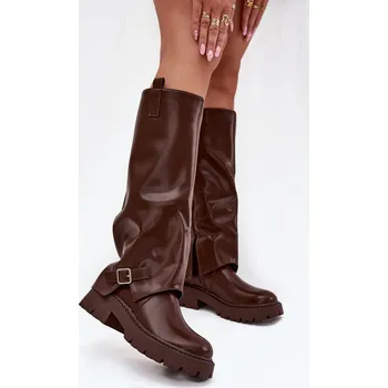 Dámské kozačky Zateplené kozačky s ohrnutým svrškem a sponou Fiorae Barva: Béžová, Velikost: 36