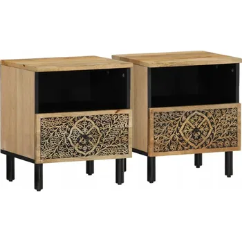 Noční stolek Noční stolek z masivního mangového dřeva a železa, 40x33x46 cm, ručně vyřezávaný