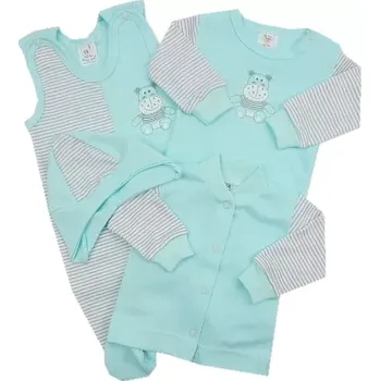 Kojenecká souprava 4-dílná soupravička do porodnice Exlusiv menthol-šedý proužek Hrošík velikost 50