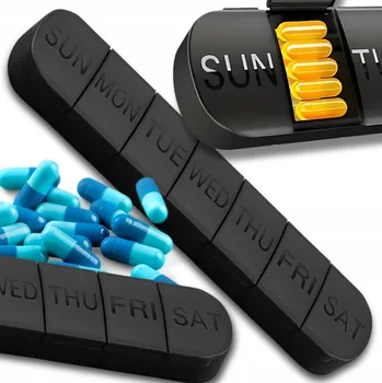 Dávkovač léků Krabička 7 dní, černý týdenní organizér na léky, tablety, zásobník, kazeta