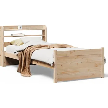 Postel Dřevěná borovicová postel 208 x 100 x 82 cm s poličkami, neošetřená