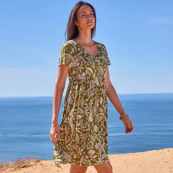 Dámské šaty Kreponové krátké šaty s výstřihem do V a potiskem khaki/bílá 46