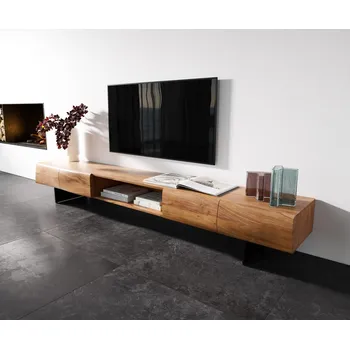 Televizní stolek DELIFE TV stolek New Live-Edge 240 cm akácie přírodní 4 dvířka 1 přihrádka závěsná kov černá