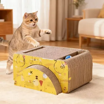 Multifunkční kartonový škrabadlo pro kočky s tunelem + míčky | Pelíšek 2v1