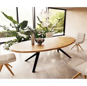 Jídelní stůl DELIFE Jídelní stůl Edge oválný 280x130x2,5 dub přírodní Zenthara hranatý kov černý Flow-Edge