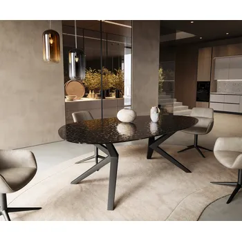 Jídelní stůl DELIFE Jídelní stůl Edge oválný 220x120 reliéfní sklo kouřově černá 3D design Zenthara hranatý kov černá