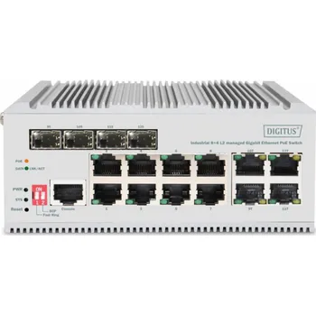 Počítačové příslušenství DIGITUS 8+4 port Gigabit Ethernet síť PoE switch, industrial, L2 managed, 4 SFP uplink