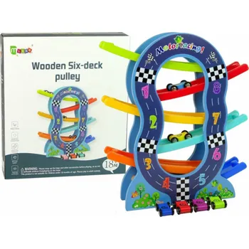 auto na autodráhu Lean Sport Dřevěná skluzavka s 6 úrovněmi, autíčka a čísla