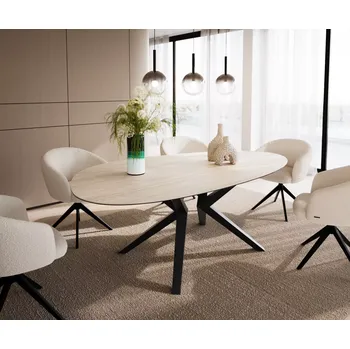 Jídelní stůl DELIFE Jídelní stůl Edge oválný 220x120 keramika Laminam®Travertino Bianco krémově bílá Zenthara hranatý kov černý