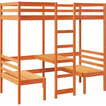 Postel Postel s mezipatrem a psacím stolem z masivního borovicového dřeva, voskově hnědá, 205,5