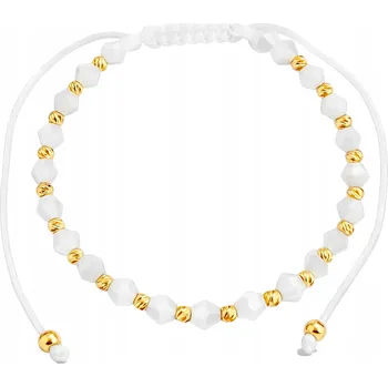 Náramek Zlatý provázkový náramek 585 bílé korálky s diamantem broušenými kuličkami
