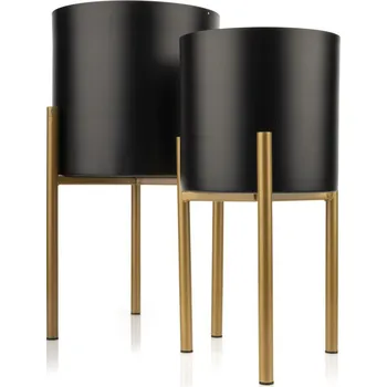 Květináč KOVOVÝ KVĚTINÁČ SE STOJÁNEM BIL SADA 2KS 31X15,5 CM+36X19 CM ČERNÁ/ZLATÁ