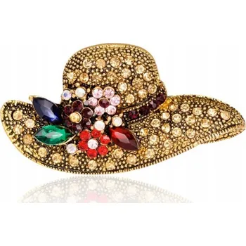 Brož ELEGANTNÍ OZDOBNÁ KŘIŠŤÁLOVÁ BROŽ - KLOBOUK S KVĚTINAMI