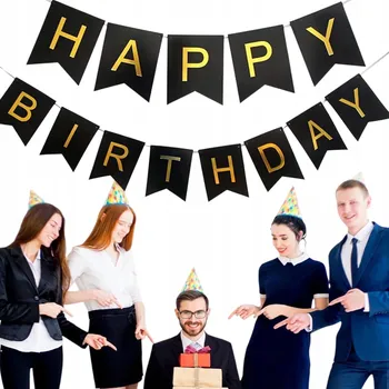 NAROZENINOVÁ GIRLANDA S NÁPISEM HAPPY BIRTHDAY ČERNÁ ZLATÝ NÁPIS 200 cm