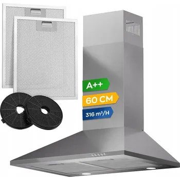 Digestoř DIGESTOŘ 60 cm Kuchyňský ODSAVAČ LED 316 m3/h FILTRY Stříbrný Nerez