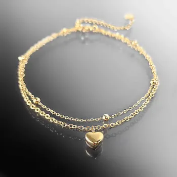 Řetízek Dvojitý pozlacený ocelový řetízek na nohu se srdcem a kuličkami č. 1695