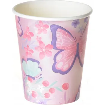 Party nádobí Růžové papírové Kelímky s motýly 220ml 6 Ks DĚTSKÁ PÁRTY motýli