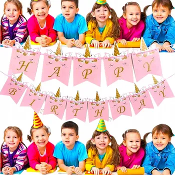 Banner k narozeninám jednorožec růžový Happy Birthday