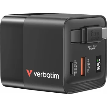Verbatim Nabíječka GaN USB 3.0, USB C, šedá, 65 W, vyměnitelné zástrčky C, G, A, s integrovaným kabelem
