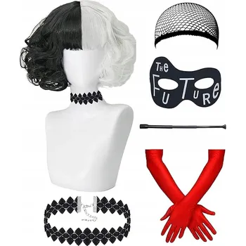 Karnevalový kostým DÁMSKÝ KOSTÝM CRUELLA DE VIL ZESTAVA COSPLAY ČERNO-BÍLÁ PARUKA MASKA
