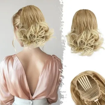BARSDAR krátký příčesek do culíku Blond, 25 cm vlnitý cop prodloužení vlasů do culíku se stahovací
