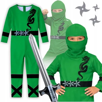 Karnevalový kostým KOSTÝM NINJA ZELENÝ S MEČEM, KARNEVALOVÝ PLES, VELIKOST 116-122