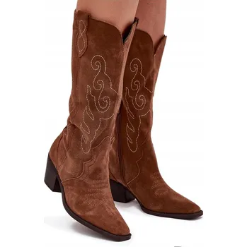 Dámské kozačky KOZAČKY KOVBOJSKÉ BOTY DÁMSKÉ SEMIŠOVÉ PODPATEK PROŠÍVÁNÍ VSUVNÉ CAMEL 38