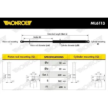 Příslušenství karosérie Pneumatická pružina, zavazadlový / nákladový prostor MONROE ML6113