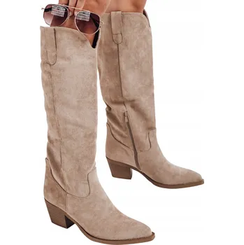 Dámské kozačky Dámské semišové kozačky kovbojské boty béžové ZY1172 - Velikost 39