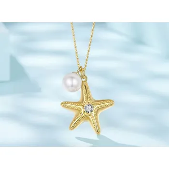 Náušnice B-TOP Pozlacený stříbrný náhrdelník Mořská hvězdice s perlou - Stříbro 925