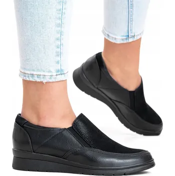 Dámské polobotky Pohodlné polobotky s koženou stélkou, módní černá barva, nazouvací, stabilní klínek Wojtyłko