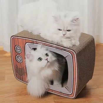 Retro kartonový škrabadlo pro kočky ve tvaru TV s šantou kočičí, 44×34×23 cm