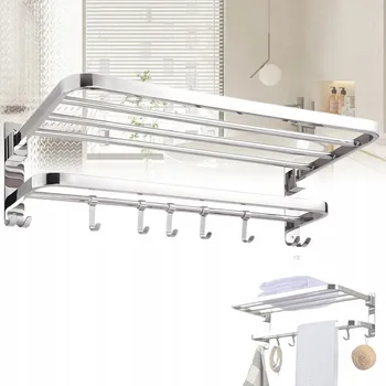 Věšák NÁSTĚNNÝ VĚŠÁK NA RUČNÍKY S POLIČKOU SKLÁDACÍ STŘÍBRNÝ