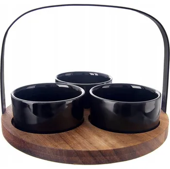 Dóza na potraviny Sada 3 misek na dřevěném podnosu 130 ml ČERNÁ